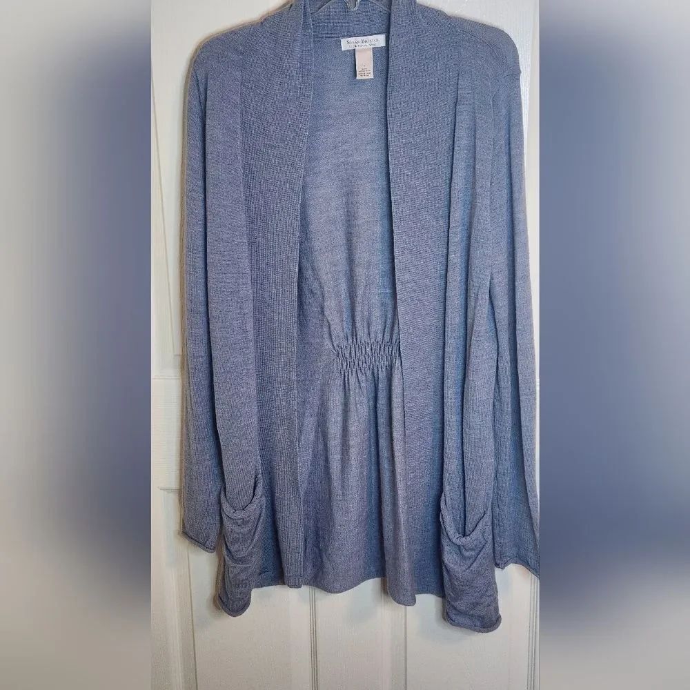 Susan Bristol L Blue Gray 100% MERINO WOOL Lngslv Pockets Women Opened Cardigan